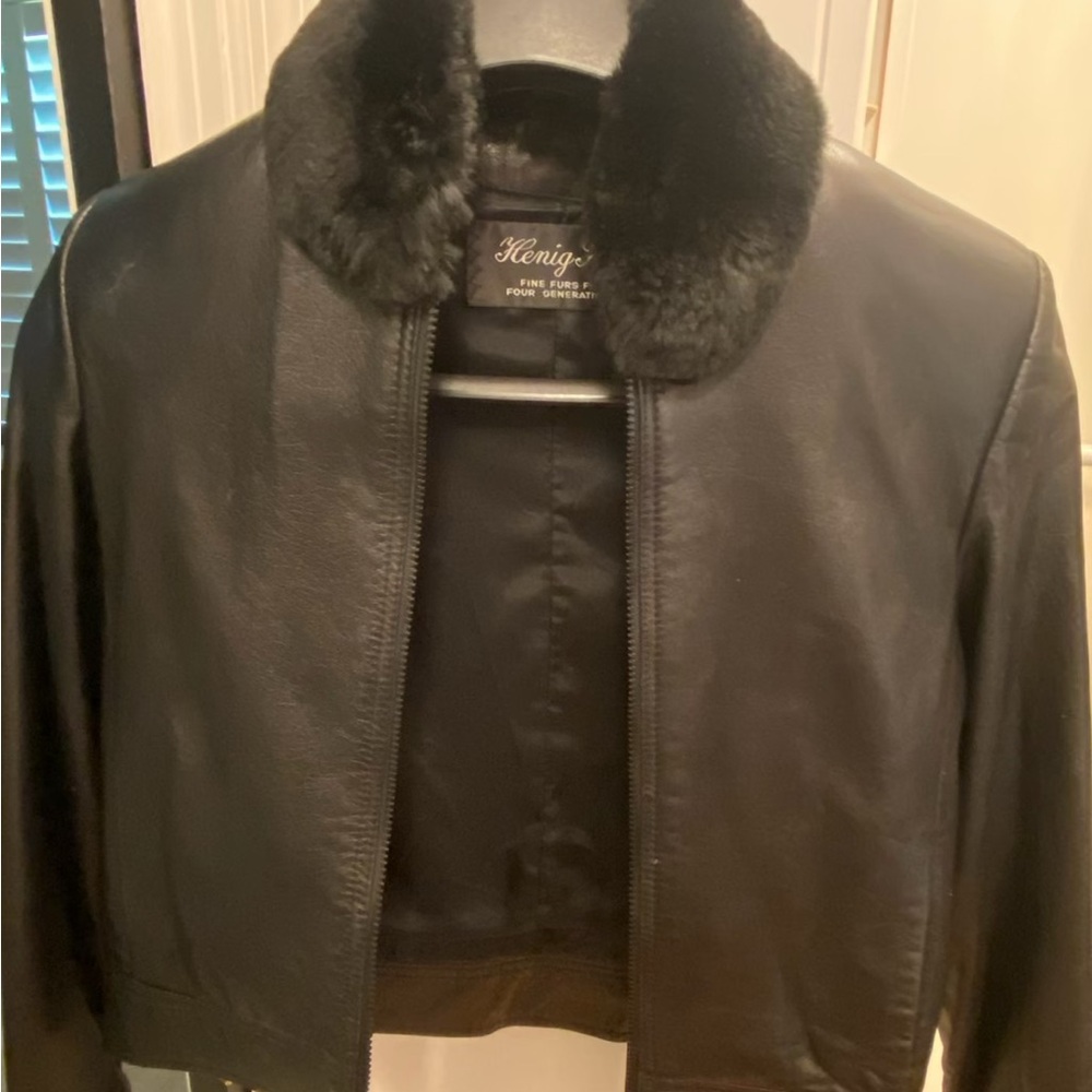Black Leather Jacket with Mink Fur Collar